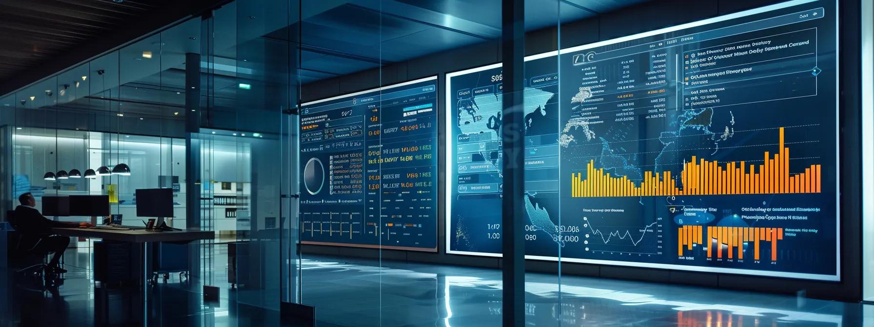 a sleek, modern office space with a large digital display showcasing a detailed chart of basement waterproofing service price ranges, illuminated by cool, focused lighting that emphasizes professionalism and clarity.