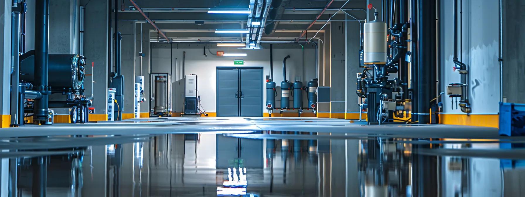 a modern basement waterproofing facility in columbus showcases advanced drainage systems and interior methods, with sleek equipment prominently displayed under bright, focused lighting, emphasizing a professional and trustworthy atmosphere.