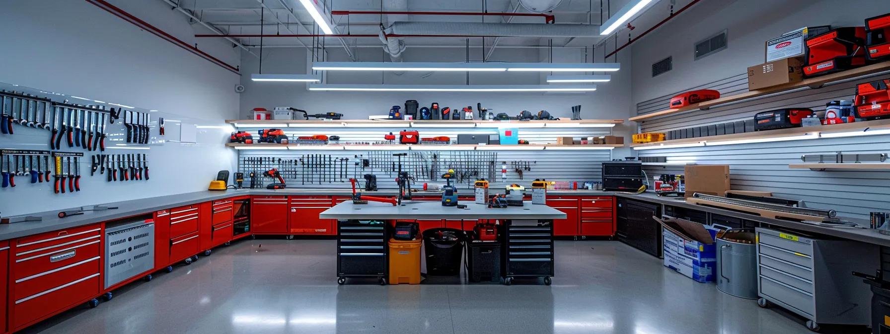 a modern office space displays a variety of structural repair tools and materials artfully arranged on a sleek workbench, highlighting a professional team conducting advanced foundation repair and air quality improvement services, illuminated by dynamic, focused lighting that emphasizes their expertise.