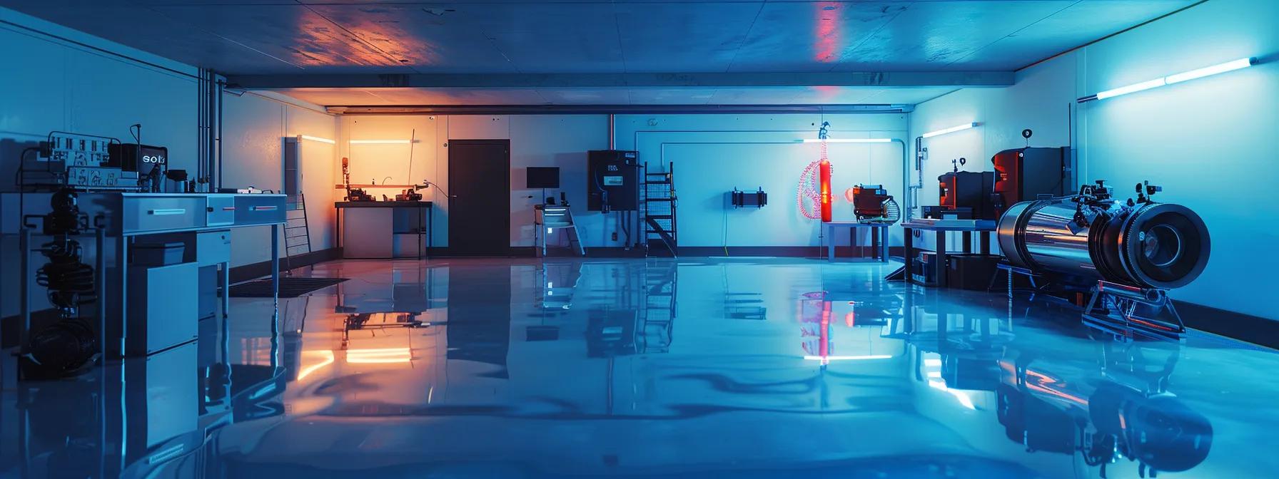 a sleek, modern basement filled with advanced waterproofing equipment and a team of professionals efficiently applying cutting-edge materials, illuminated by bright artificial lighting to emphasize the meticulous process in progress.