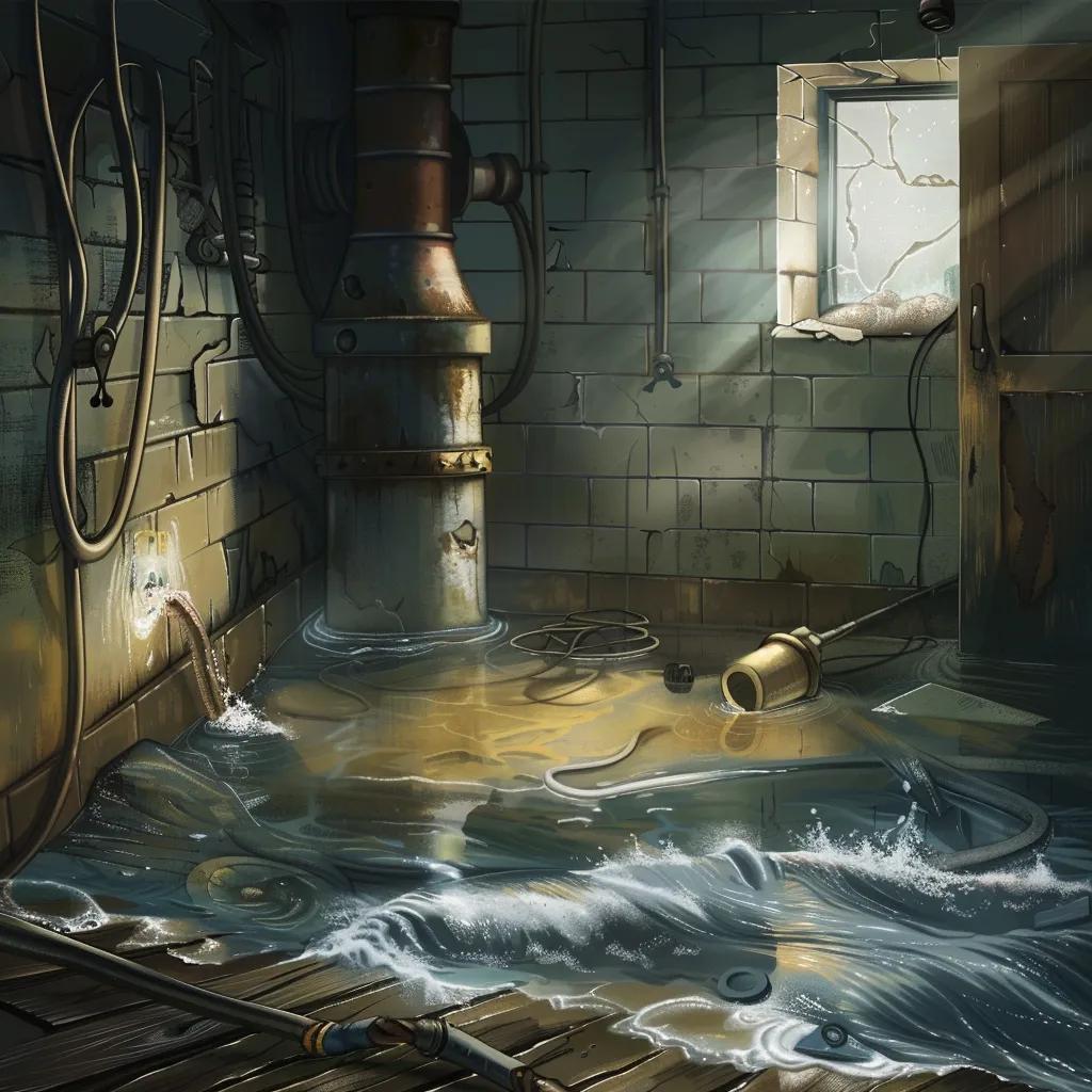 Illustration of plumbing issues causing basement leaks, featuring a ruptured hose and flooded drain