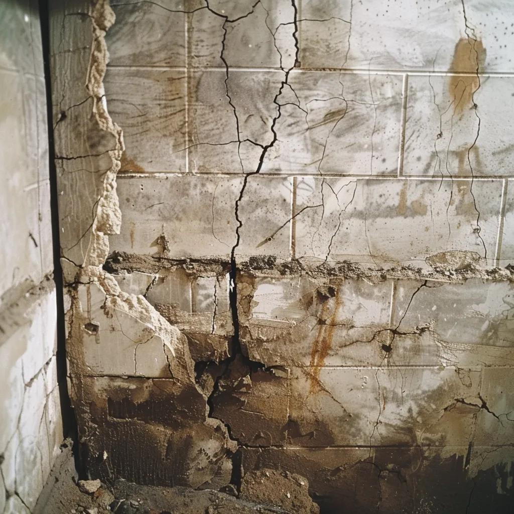 Visible signs of water damage in a Columbus basement, including cracks and mold