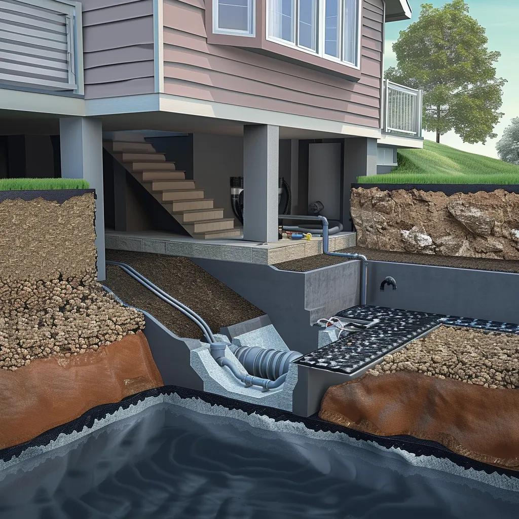 Illustration of effective basement waterproofing methods including French drains and sump pumps