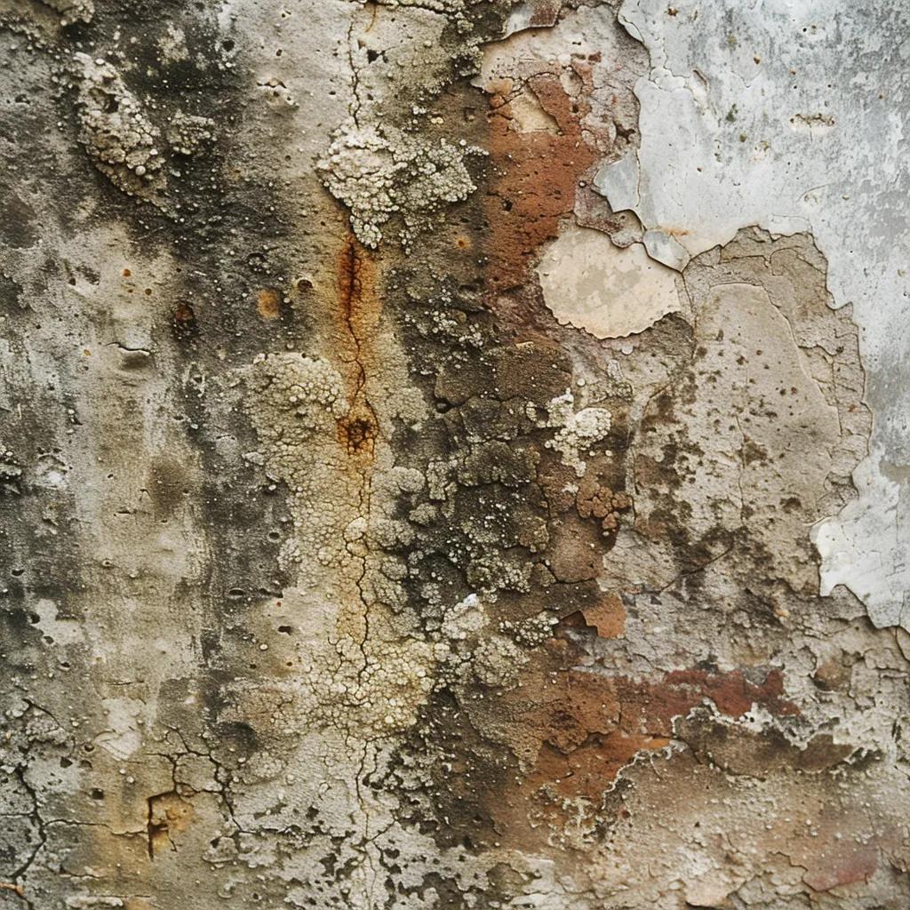 Close-up of visual indicators of basement water leaks, including efflorescence and water stains