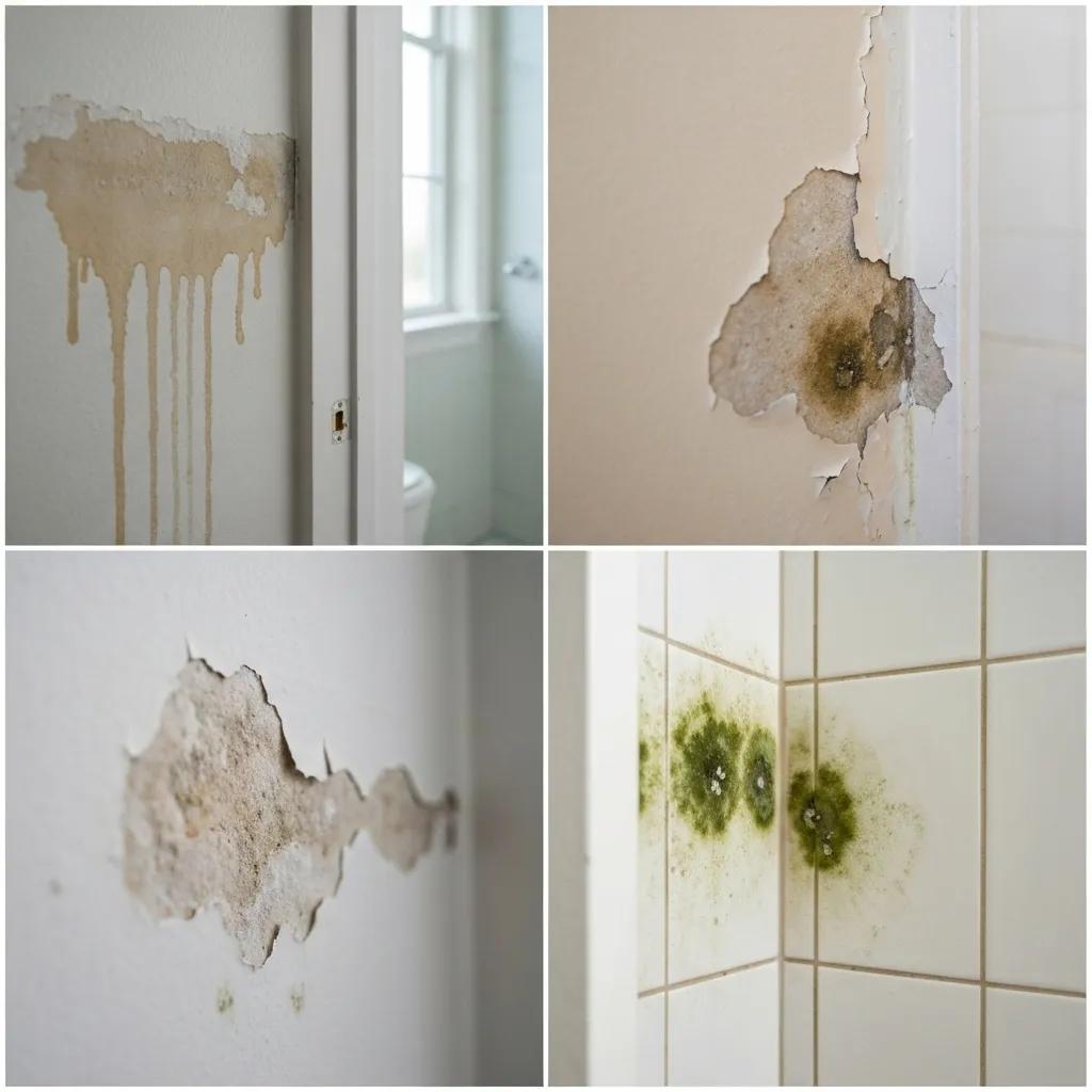 Close-up view of common visual indicators of water damage, such as stains and mold patches