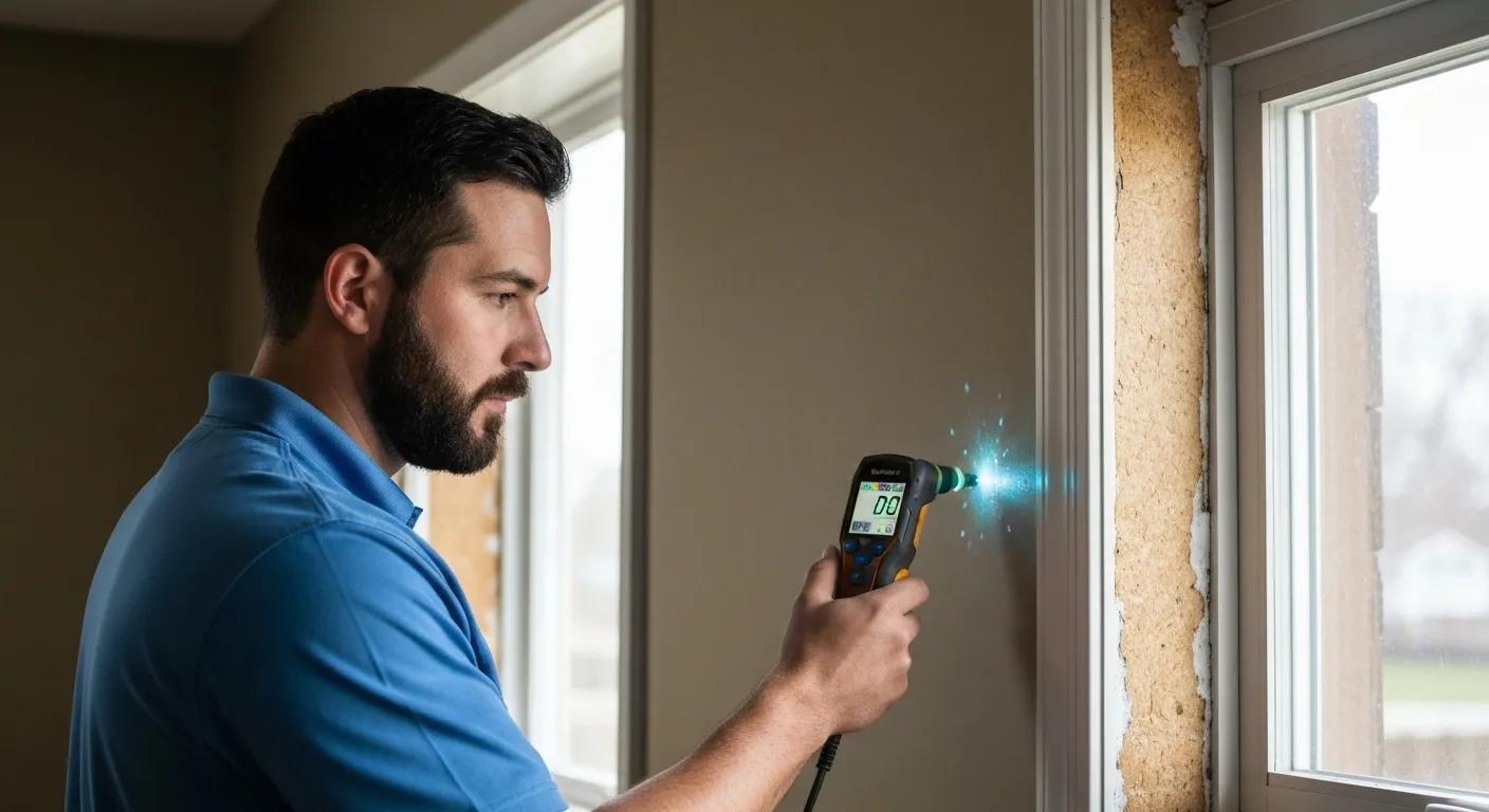 Professional using a moisture sensor to find hidden water damage in a home